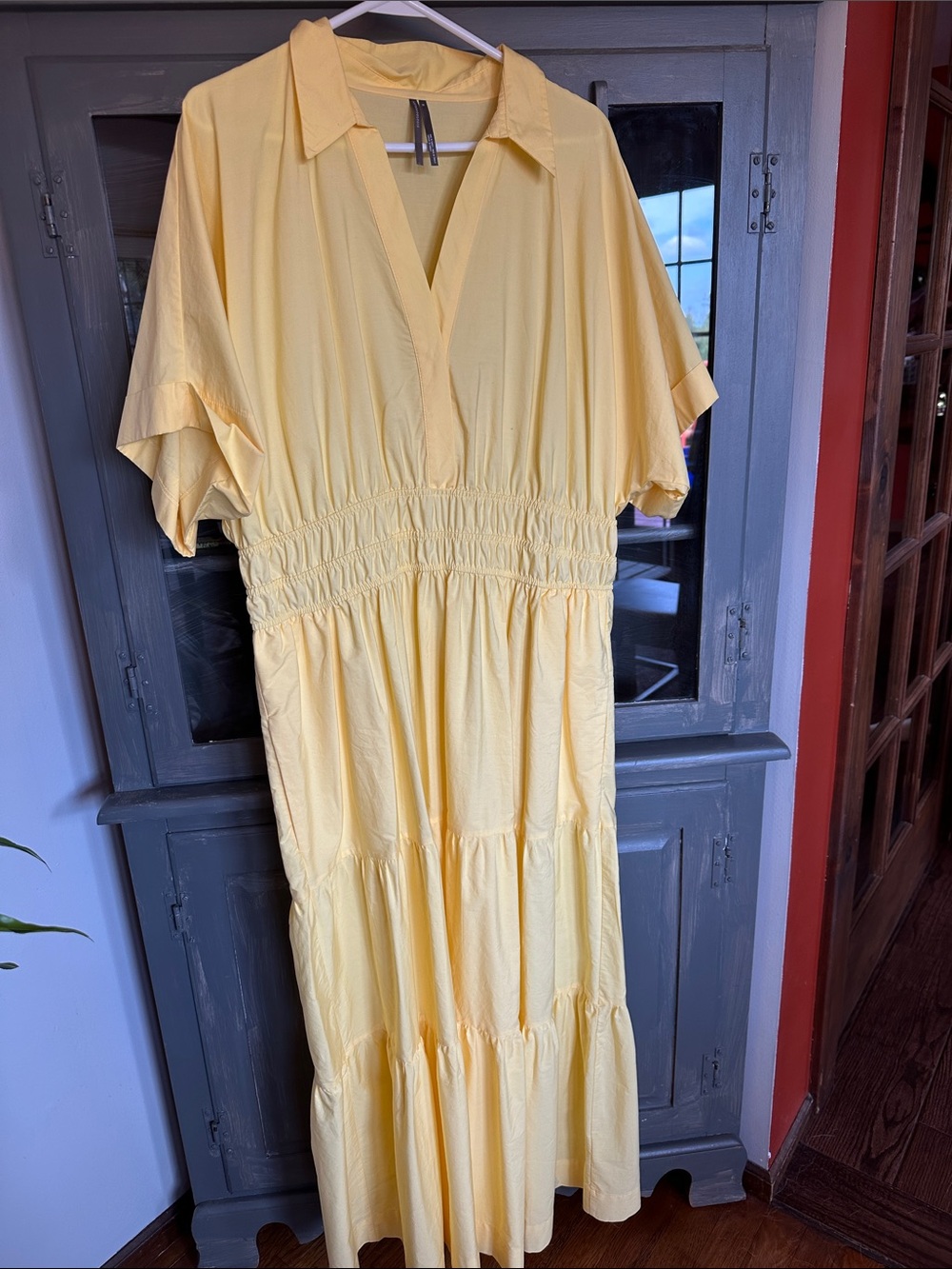 Anthropologie Pale Yellow Tiered V-Neck Maxi Dress